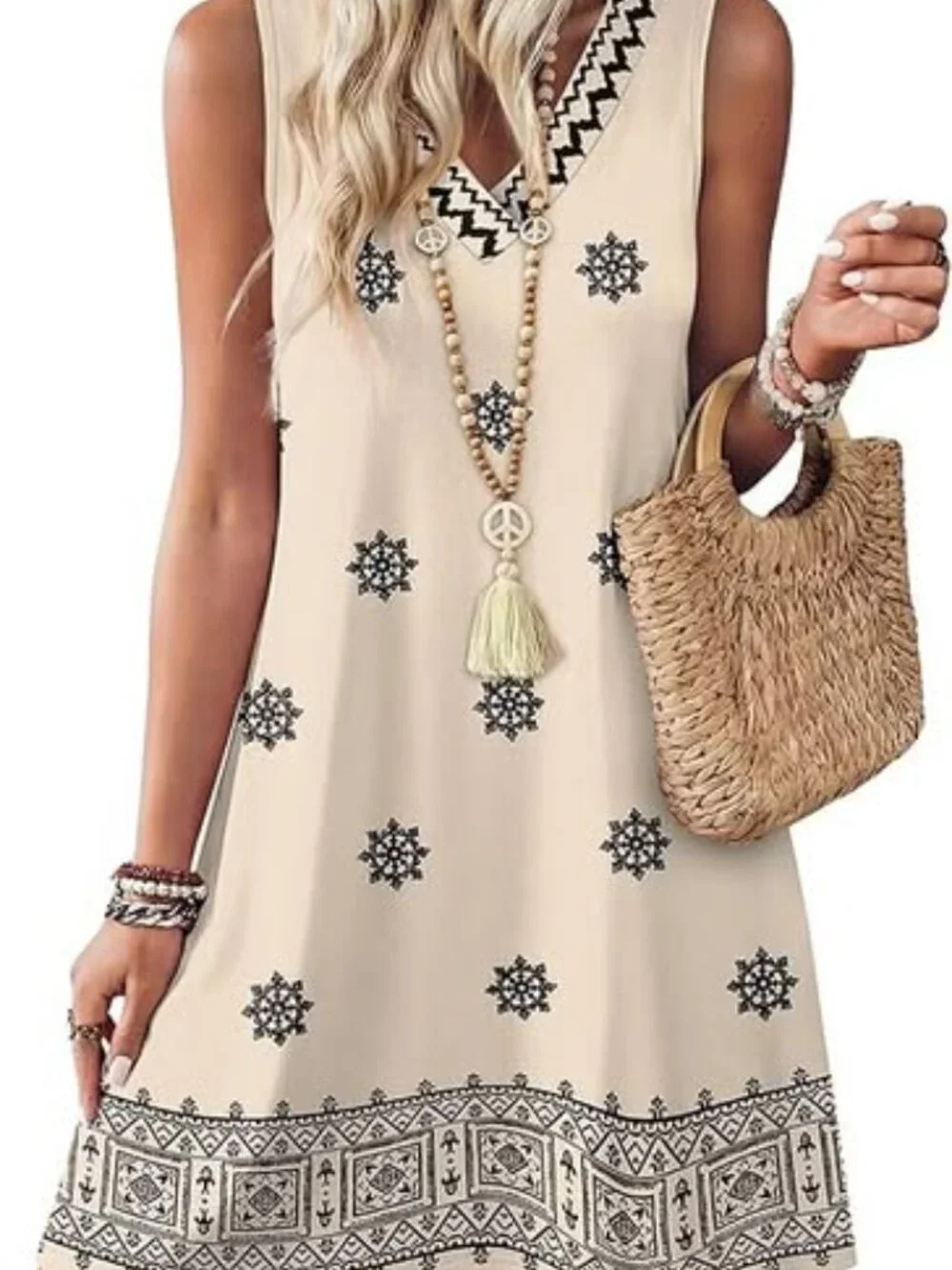 Wiholl Beige Printed Sleeveless Shift Dress M NWT Boho Pocket V-Neck